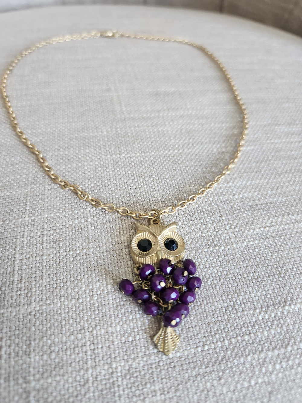 Gold-tone Owl Pendant Necklace with Purple Bead Accents